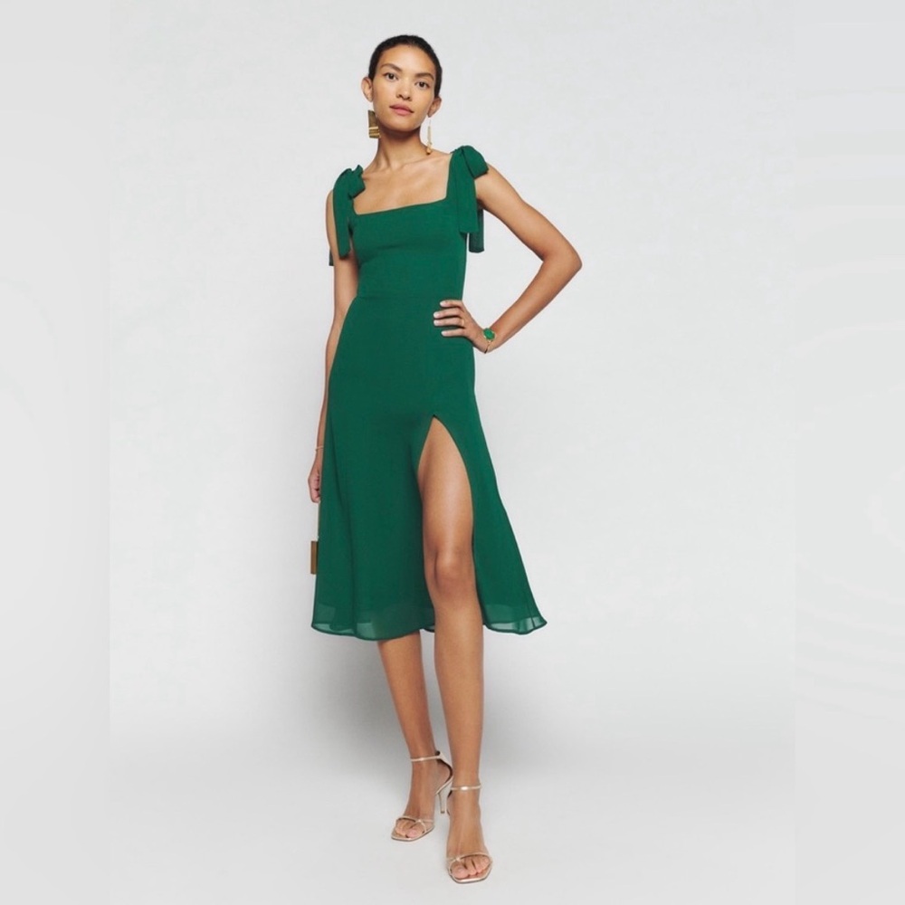 Reformation Twilight Dress in Emerald Green Midi Tie Straps - *petite friendly*